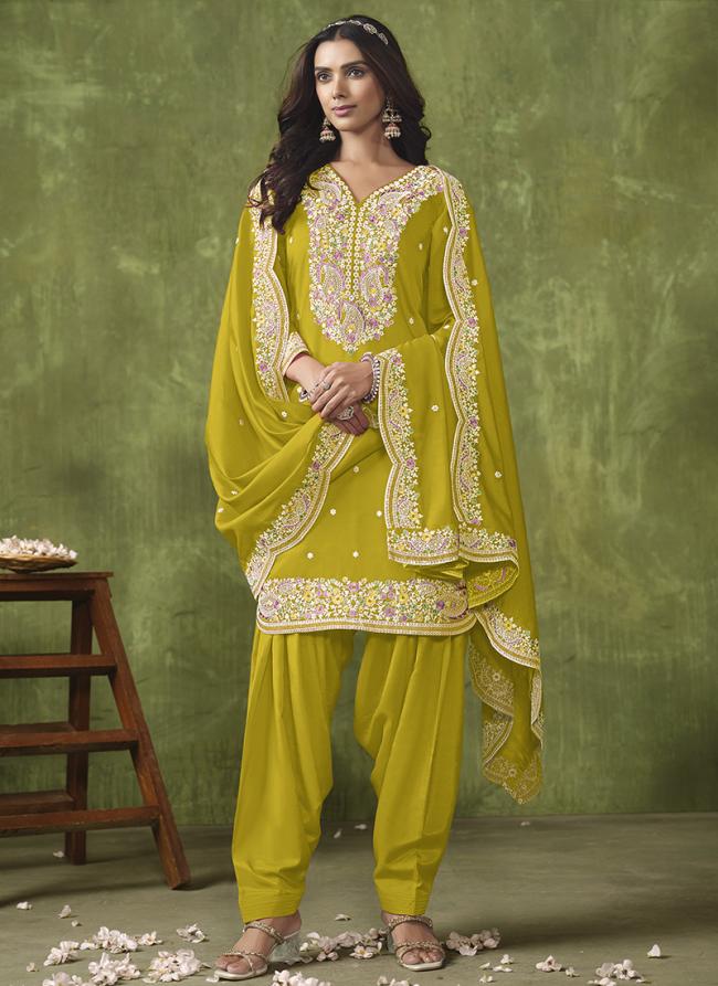 Pv Chanderi Lemon Yellow Wedding Wear Embroidery Work Designer Salwar Suit